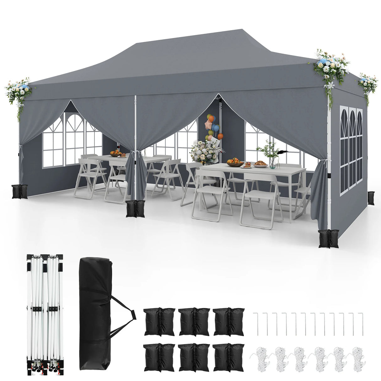 10 x 20 FT Pop up Canopy with 6 Sidewalls and Windows and Carrying Bag for Party Wedding Picnic-Gray