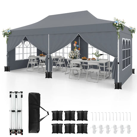 10 x 20 FT Pop up Canopy with 6 Sidewalls and Windows and Carrying Bag for Party Wedding Picnic-Gray