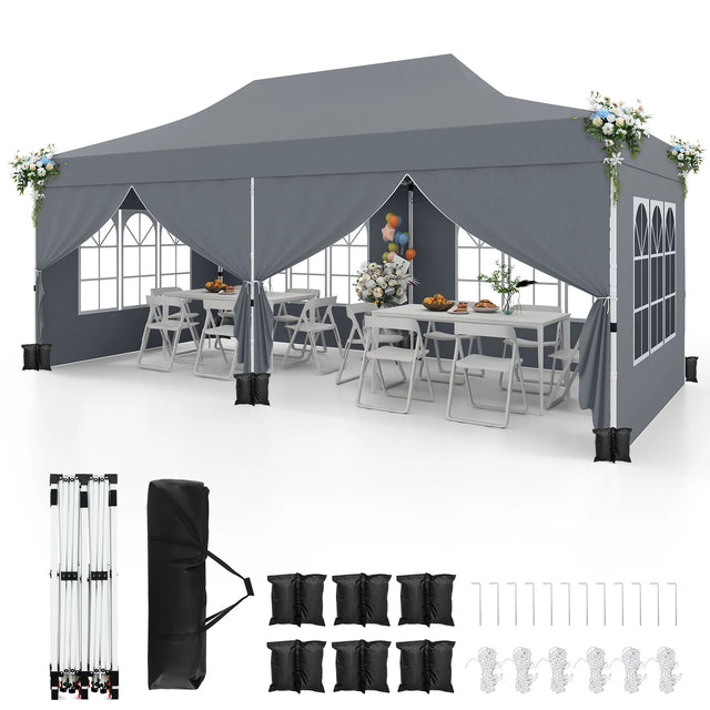10 x 20 FT Pop up Canopy with 6 Sidewalls and Windows and Carrying Bag for Party Wedding Picnic-Gray