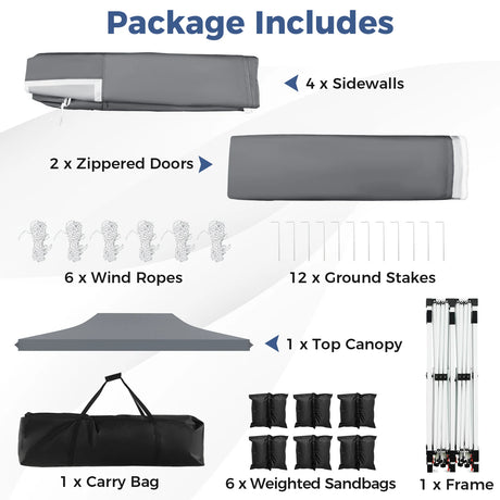 10 x 20 FT Pop up Canopy with 6 Sidewalls and Windows and Carrying Bag for Party Wedding Picnic-Gray