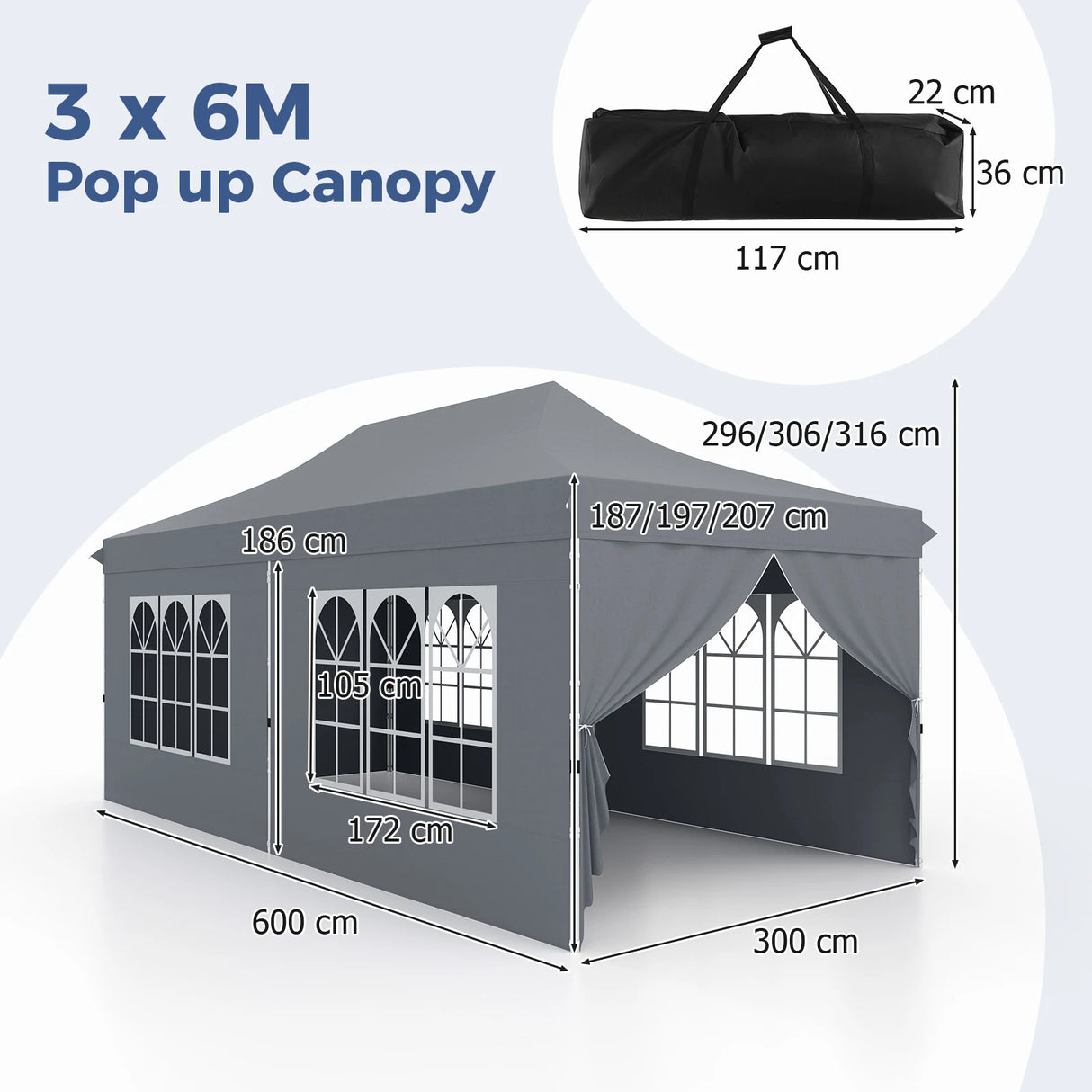 10 x 20 FT Pop up Canopy with 6 Sidewalls and Windows and Carrying Bag for Party Wedding Picnic-Gray