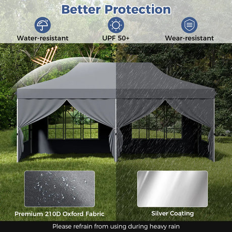 10 x 20 FT Pop up Canopy with 6 Sidewalls and Windows and Carrying Bag for Party Wedding Picnic-Gray