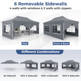 10 x 20 FT Pop up Canopy with 6 Sidewalls and Windows and Carrying Bag for Party Wedding Picnic-Gray
