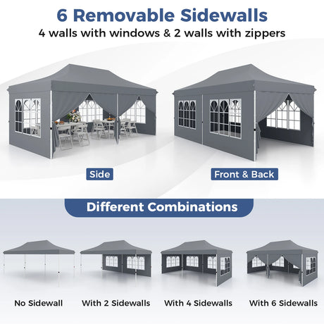 10 x 20 FT Pop up Canopy with 6 Sidewalls and Windows and Carrying Bag for Party Wedding Picnic-Gray