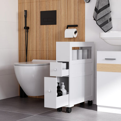 HOMCOM 72x16cm Narrow Bathroom Storage Unit w/ 2 Drawers Open Top 4 Wheels Slimline Modern Rolling Home Organisation