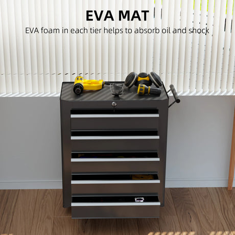 HOMCOM 5-Drawer Tool Chest with Wheels, Steel Lockable Tool Storage Cabinet with Handle, 2 Keys for Garage, Workshop, Black