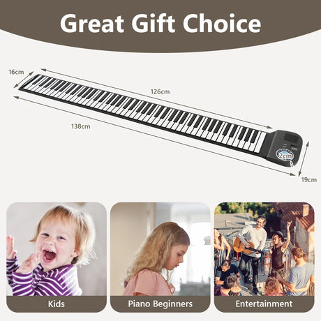 Portable 88-Key Roll Up Electronic Piano for Kids and Beginners-Black