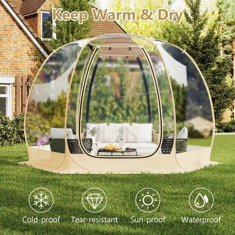 11 x 11 Feet Clear Dome Pop up Bubble Tent with Carrying Bag for 6-10 People-Beige