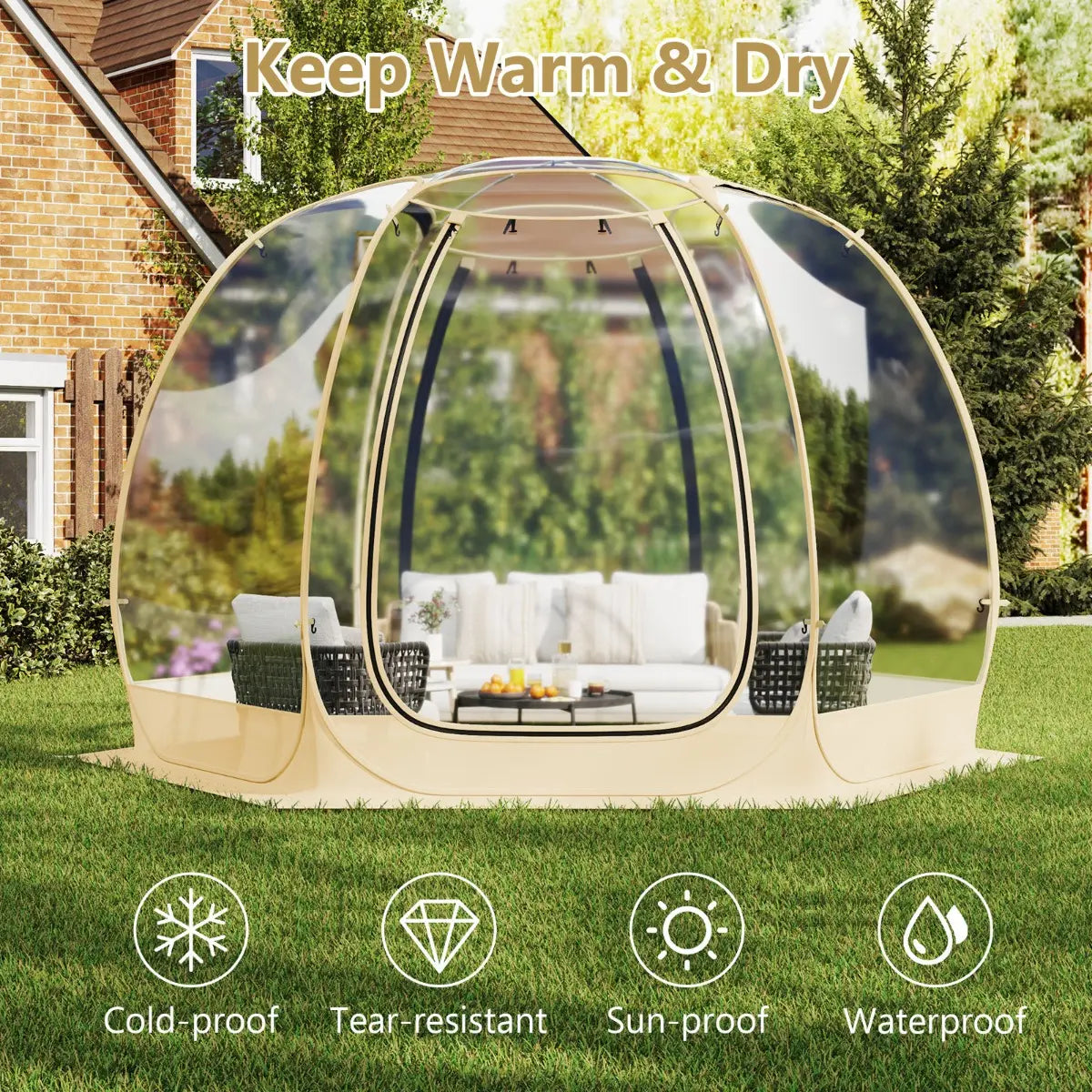 11 x 11 Feet Clear Dome Pop up Bubble Tent with Carrying Bag for 6-10 People-Beige