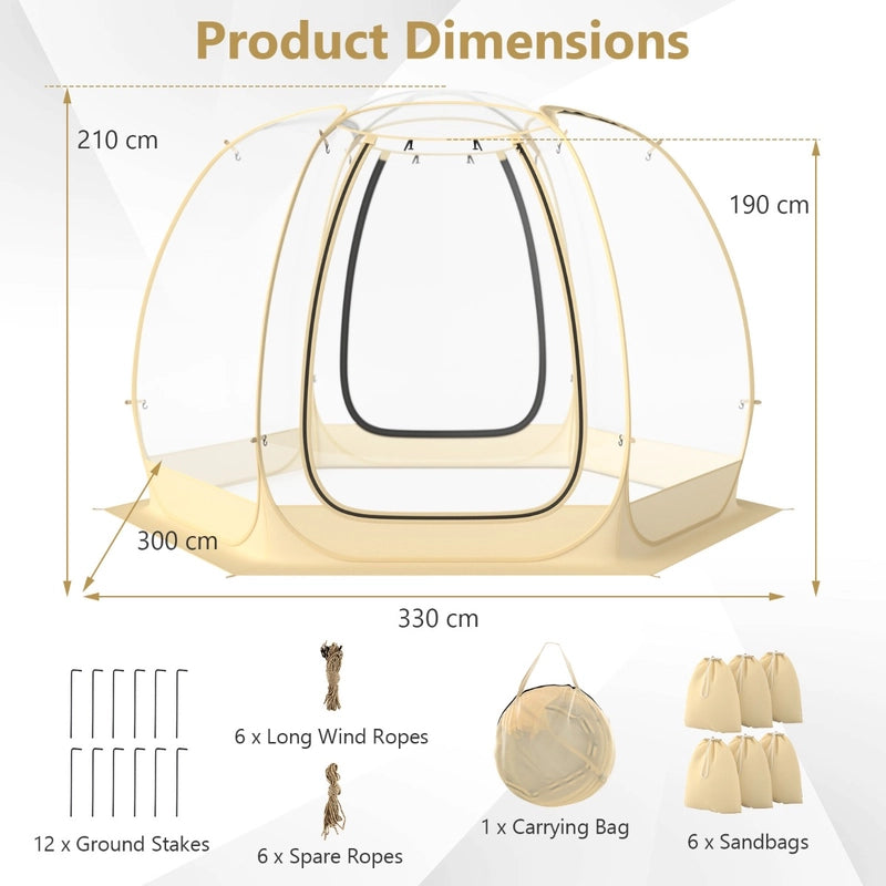 11 x 11 Feet Clear Dome Pop up Bubble Tent with Carrying Bag for 6-10 People-Beige
