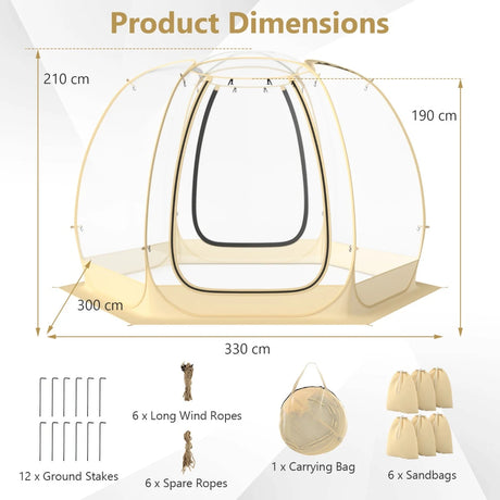 11 x 11 Feet Clear Dome Pop up Bubble Tent with Carrying Bag for 6-10 People-Beige