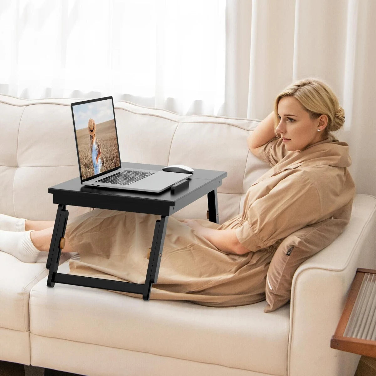 Adjustable Bamboo Laptop Desk with Tilting Top and Drawer-Brown