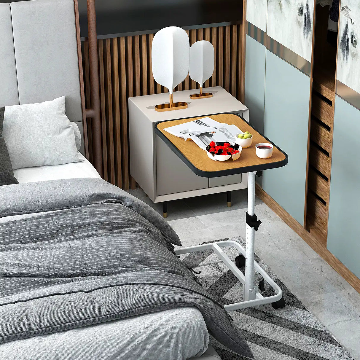 Portable Bedside Table with 9-Level Adjustable Height-Natural