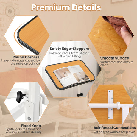 Portable Bedside Table with 9-Level Adjustable Height-Natural