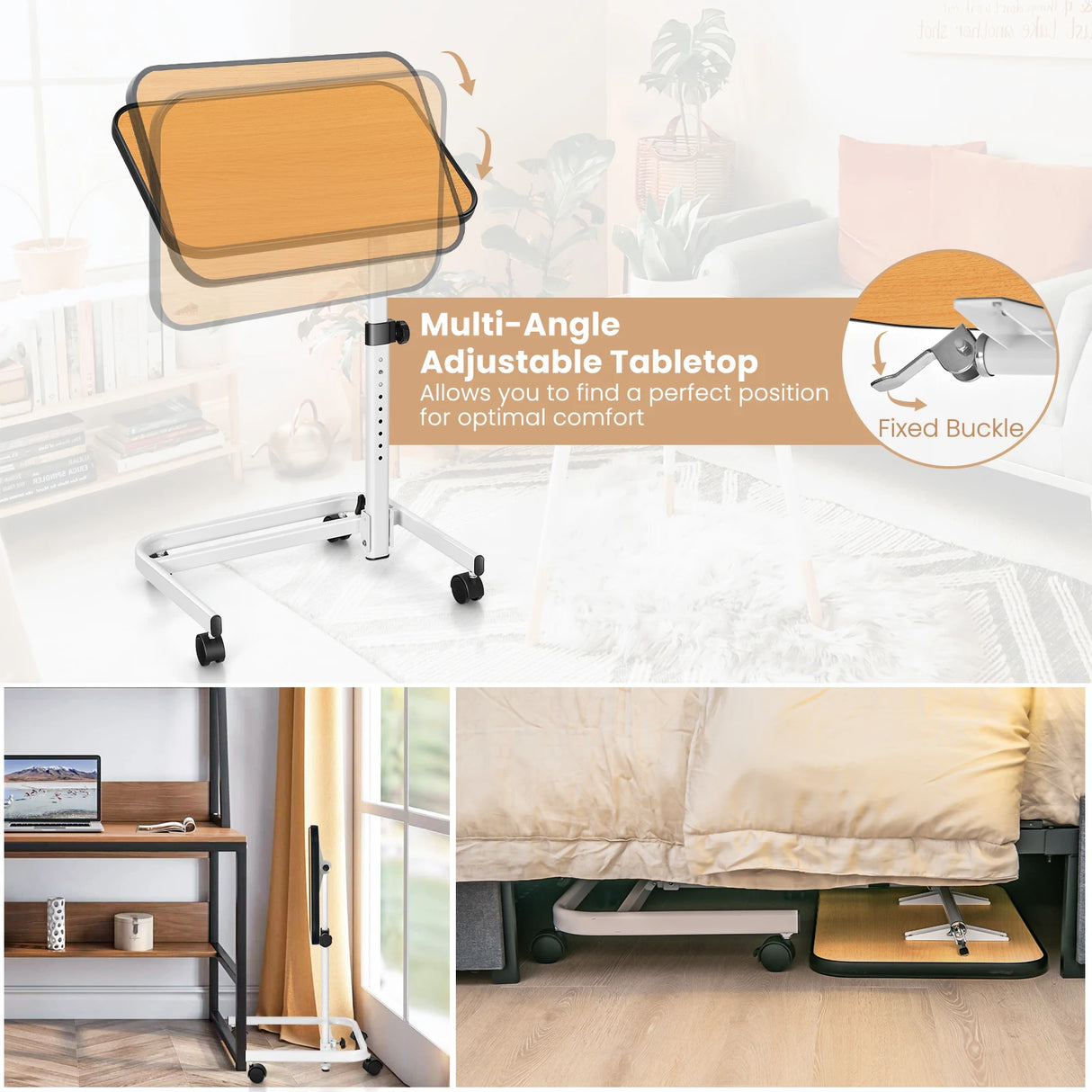 Portable Bedside Table with 9-Level Adjustable Height-Natural
