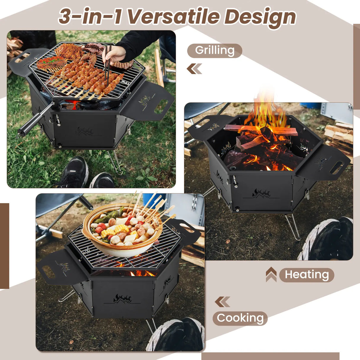 Portable Charcoal Grill Stove Rotatable with Foldable Body and Legs with Handles
