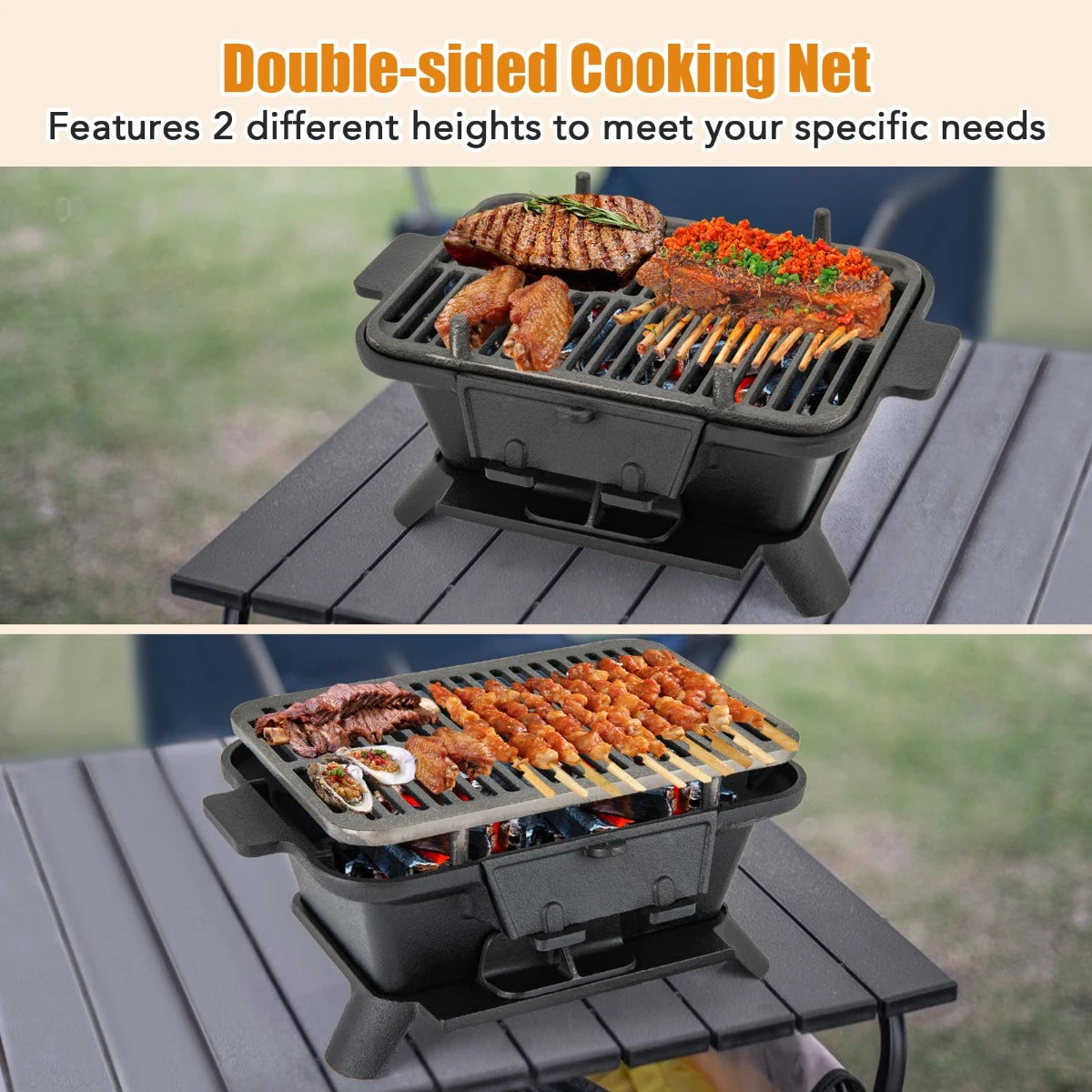 Portable Charcoal Grill with Double-sided Grilling Net