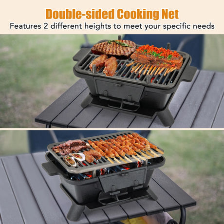 Portable Charcoal Grill with Double-sided Grilling Net