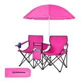 Portable Folding Picnic Double Chair With Removable Umbrella-Pink