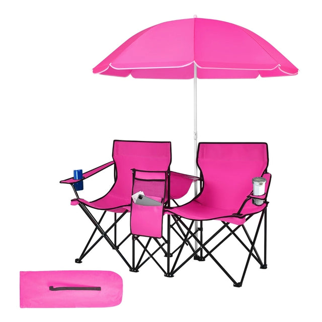 Portable Folding Picnic Double Chair With Removable Umbrella-Pink