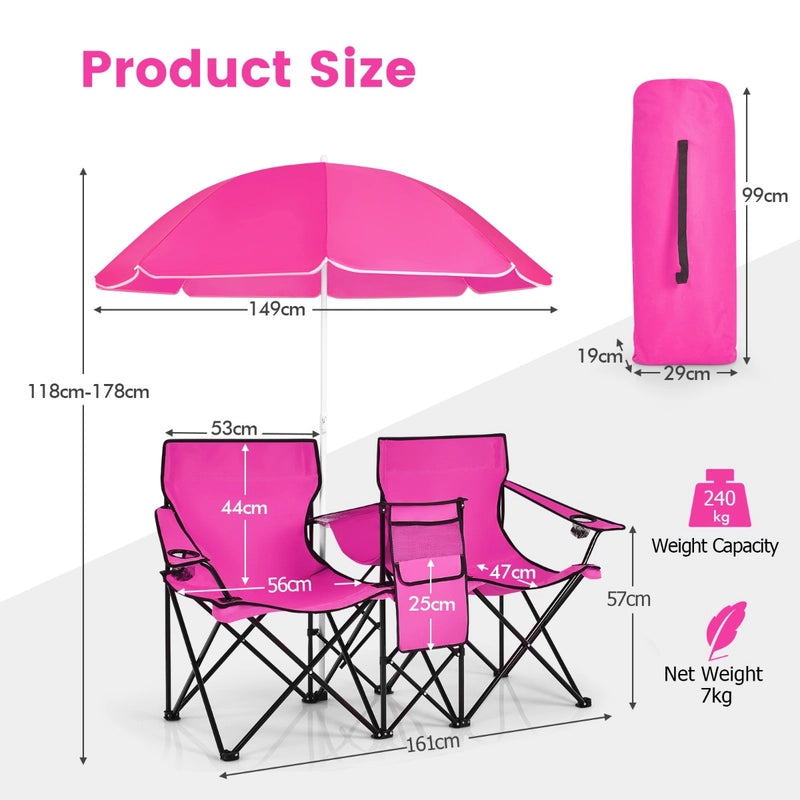 Portable Folding Picnic Double Chair With Removable Umbrella-Pink