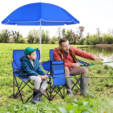 Folding Camping Loveseat  with Removable Umbrella &amp; Cupholder for Picnic-Blue