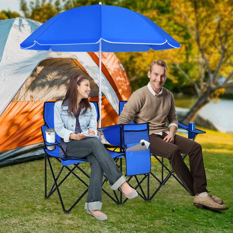 Folding Camping Loveseat  with Removable Umbrella &amp; Cupholder for Picnic-Blue