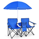 Folding Camping Loveseat  with Removable Umbrella &amp; Cupholder for Picnic-Blue