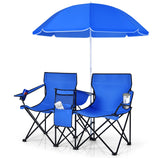 Folding Camping Loveseat  with Removable Umbrella &amp; Cupholder for Picnic-Blue