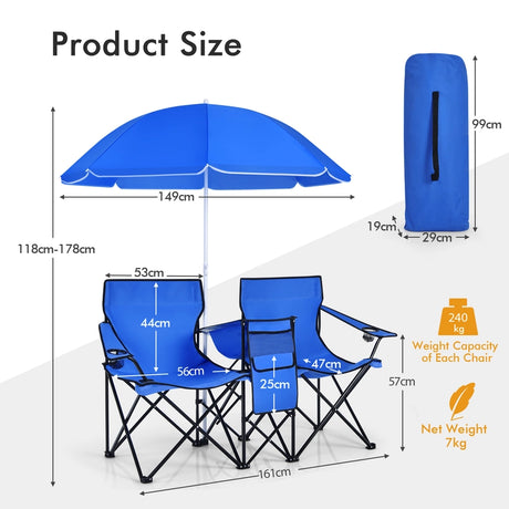 Folding Camping Loveseat  with Removable Umbrella &amp; Cupholder for Picnic-Blue