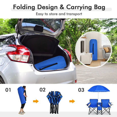 Folding Camping Loveseat  with Removable Umbrella &amp; Cupholder for Picnic-Blue