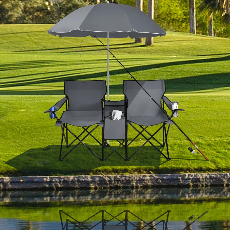Portable Folding Picnic Double Chair With Umbrella-Gray