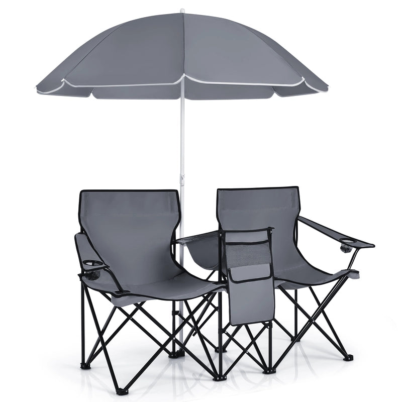Portable Folding Picnic Double Chair With Umbrella-Gray
