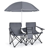 Portable Folding Picnic Double Chair With Umbrella-Gray