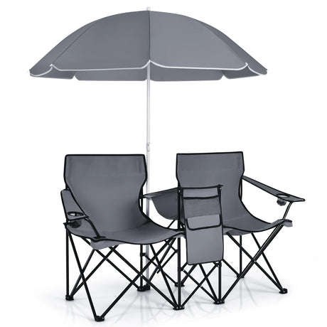 Portable Folding Picnic Double Chair With Umbrella-Gray