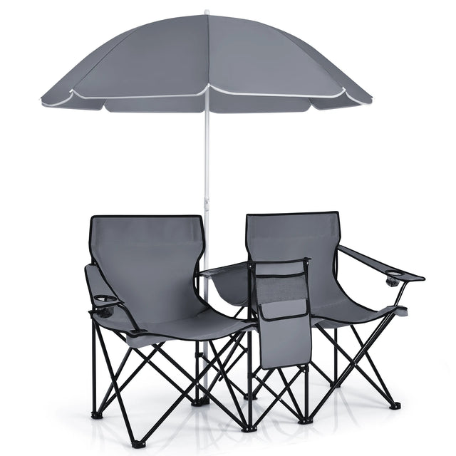 Portable Folding Picnic Double Chair With Umbrella-Gray