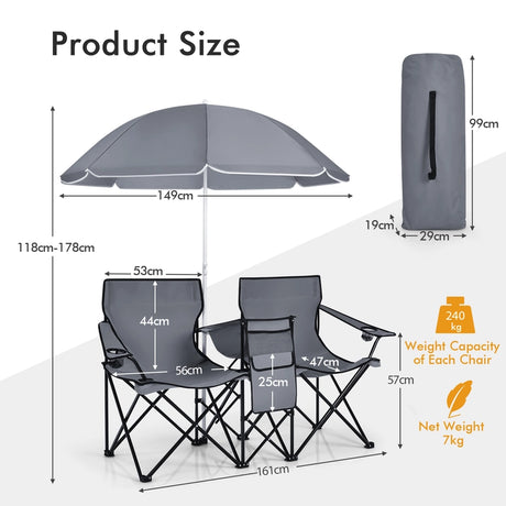 Portable Folding Picnic Double Chair With Umbrella-Gray