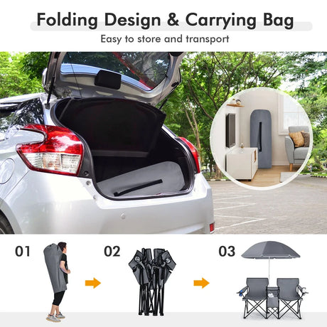Portable Folding Picnic Double Chair With Umbrella-Gray