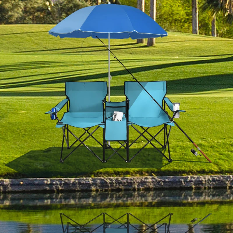 Portable Folding Picnic Double Chair With Umbrella-Turquoise