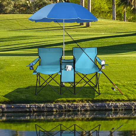 Portable Folding Picnic Double Chair With Umbrella-Turquoise