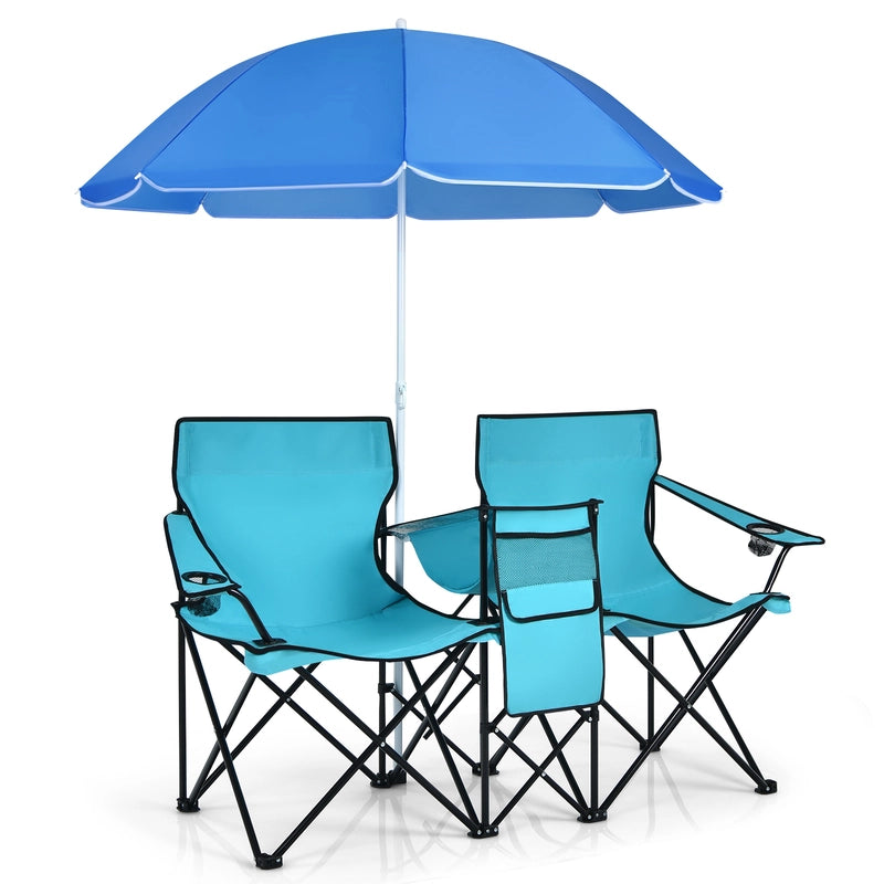 Portable Folding Picnic Double Chair With Umbrella-Turquoise