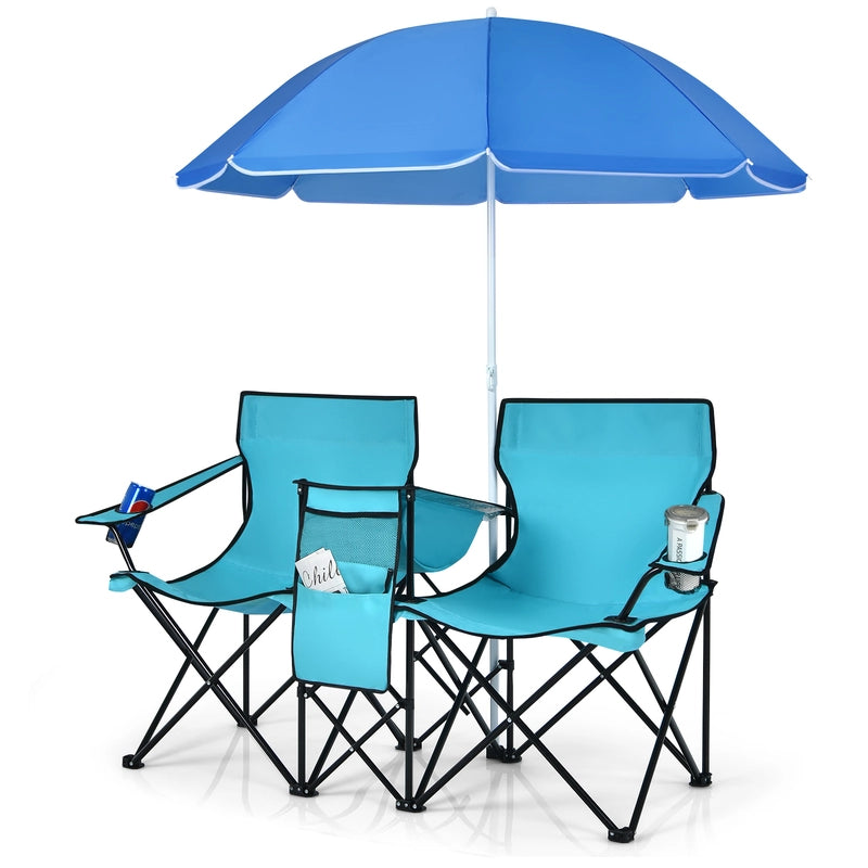 Portable Folding Picnic Double Chair With Umbrella-Turquoise