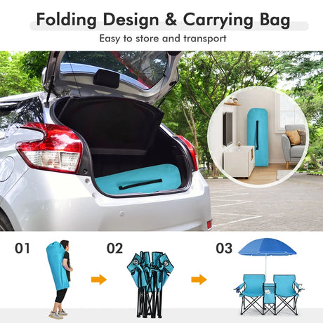 Portable Folding Picnic Double Chair With Umbrella-Turquoise