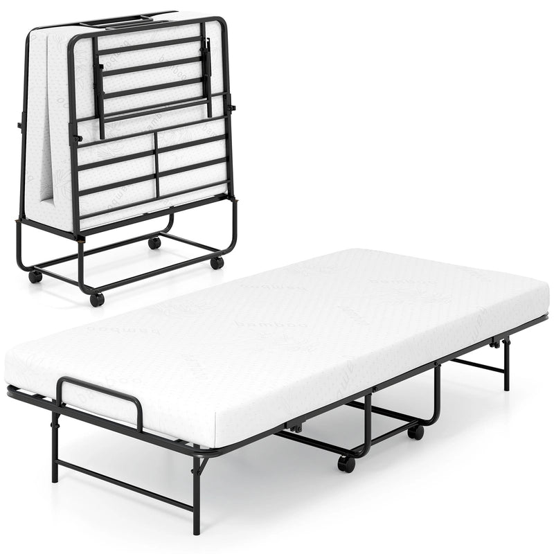 Portable Foldable Guest Bed with Heavy-duty Metal Frame and Mattress
