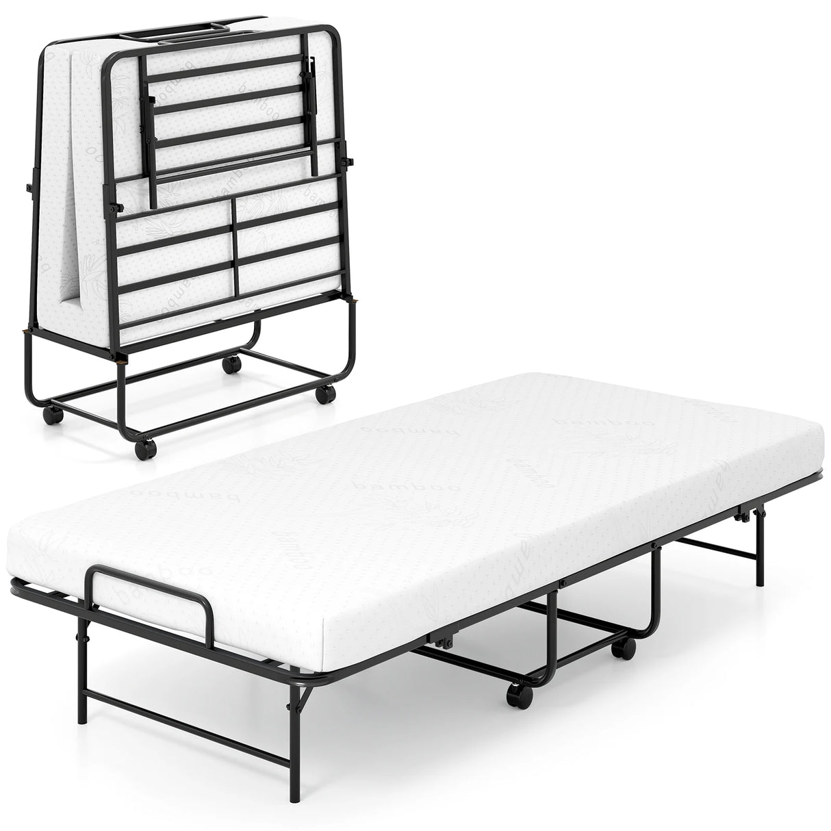 Portable Foldable Guest Bed with Heavy-duty Metal Frame and Mattress