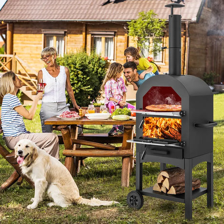 Wood-fired pizza oven freestanding garden grill with 2 wheels robust pizza grill for outdoor use