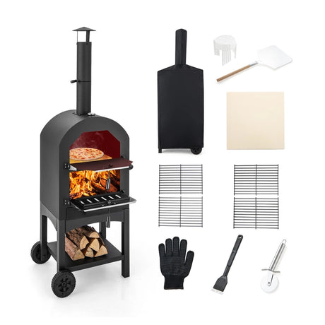 Wood-fired pizza oven freestanding garden grill with 2 wheels robust pizza grill for outdoor use