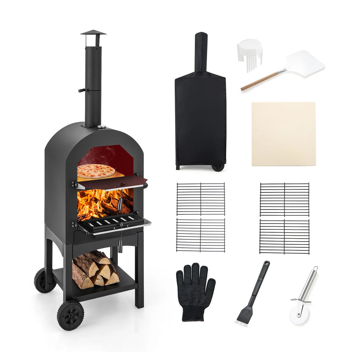 Wood-fired pizza oven freestanding garden grill with 2 wheels robust pizza grill for outdoor use