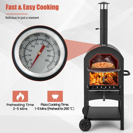 Wood-fired pizza oven freestanding garden grill with 2 wheels robust pizza grill for outdoor use