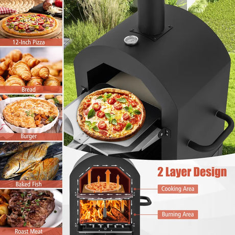 Wood-fired pizza oven freestanding garden grill with 2 wheels robust pizza grill for outdoor use